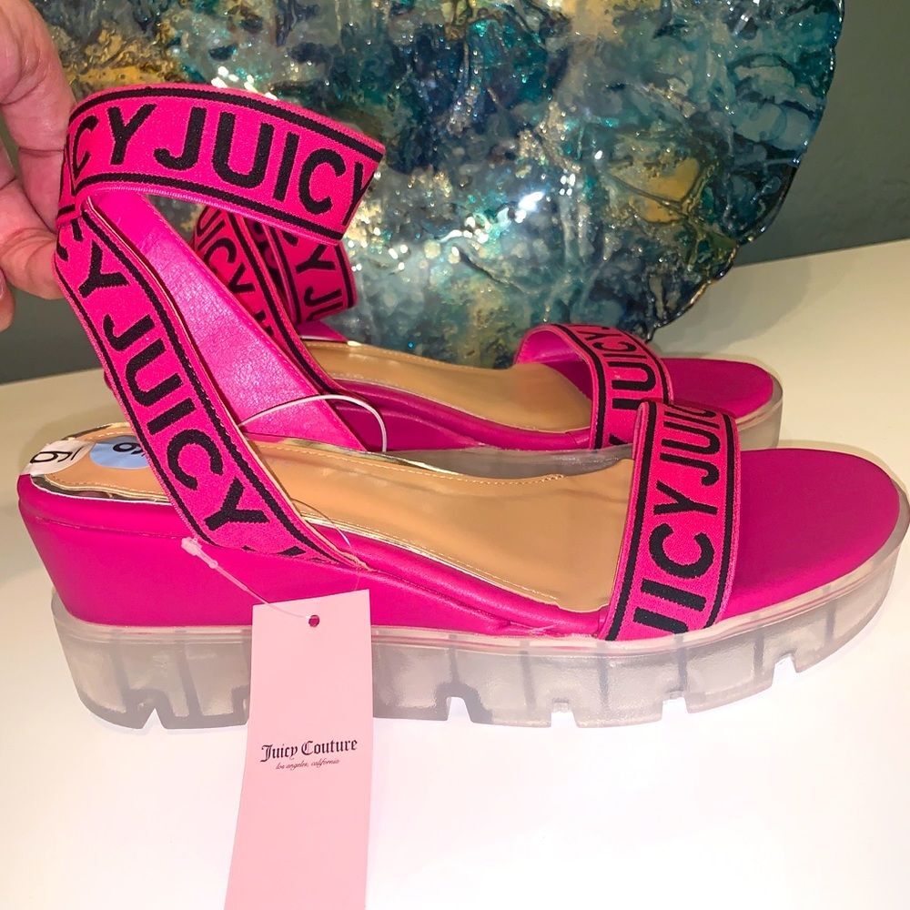 Juicy Couture Pink Logo Ankle Platform Sandals Heels Shoes SZ 9